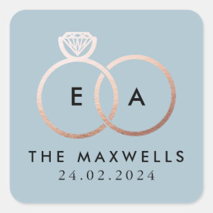 Pegatina Cuadrada Rosa Boda dorado Monograma Nombre y Fecha Azul