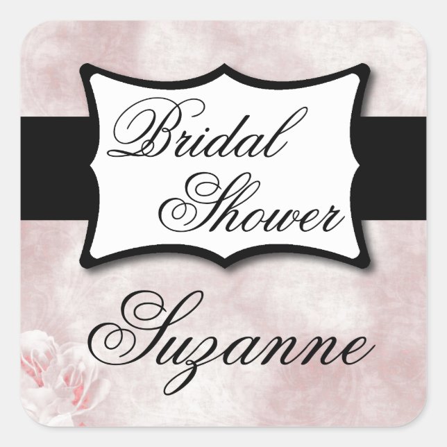 Pegatina Cuadrada Rosa Bridal Shower (Anverso)