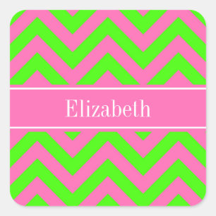 Pegatina Cuadrada Rosa Brillante #2 Verde Lima Chevron Nombre Monogr