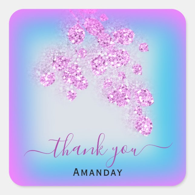 Pegatina Cuadrada Rosa  Brillante Azul Gracias Nombre Dulces 16 (Anverso)