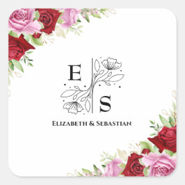 Pegatina Cuadrada Rosa de acuarela floral Boda