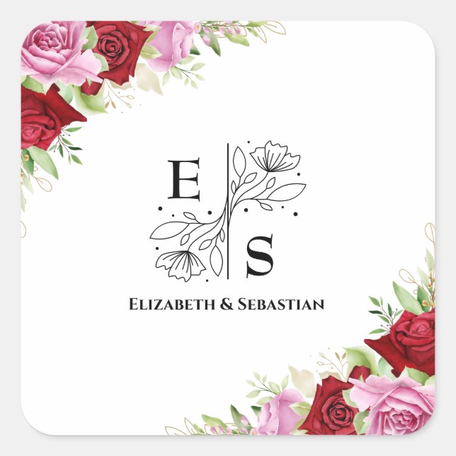 Pegatina Cuadrada Rosa de acuarela floral Boda (Anverso)