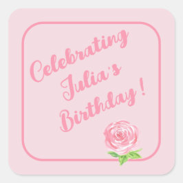 Pegatina Cuadrada Rosa de acuarela pintado a mano FELIZ CUMPLEAÑOS