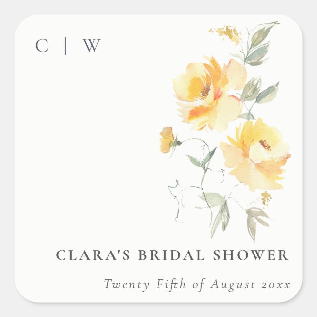 Pegatina Cuadrada Rosa de acuarela verde amarilla, baby shower nupci (Anverso)