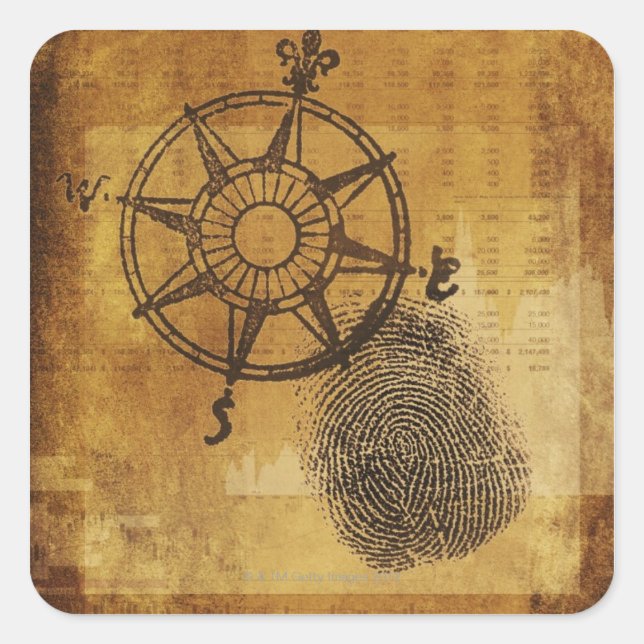 Pegatina Cuadrada Rosa de brújula antigua con huella dactilar (Anverso)