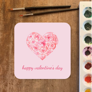 Pegatina Cuadrada Rosa de color de agua personalizado El día de San