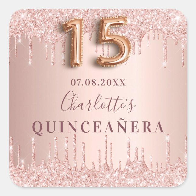 Pegatina Cuadrada Rosa de cumpleaños Quinceanera (Anverso)