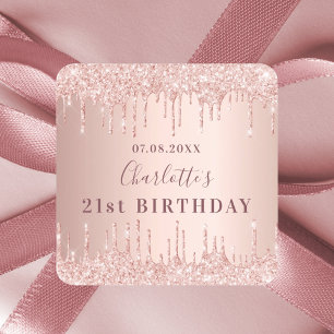 Pegatina Cuadrada Rosa de fiesta de cumpleaños purpurina de oro gote