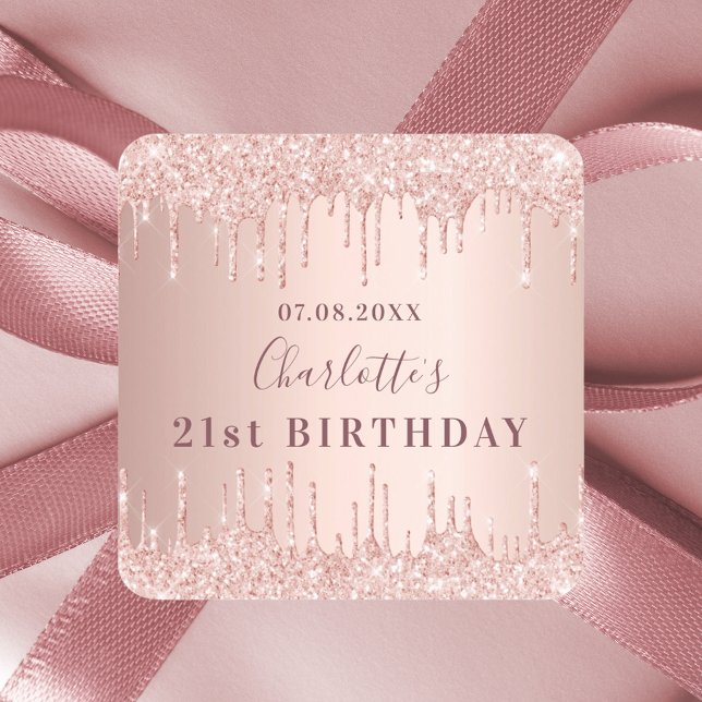 Pegatina Cuadrada Rosa de fiesta de cumpleaños purpurina de oro gote (Subido por el creador)