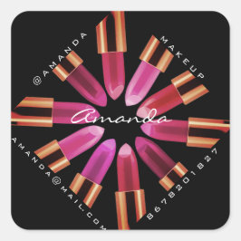 Pegatina Cuadrada Rosa de logotipo de maquillaje con lápiz labial ro