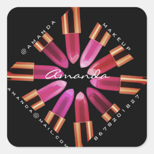 Pegatina Cuadrada Rosa de logotipo de maquillaje con lápiz labial ro