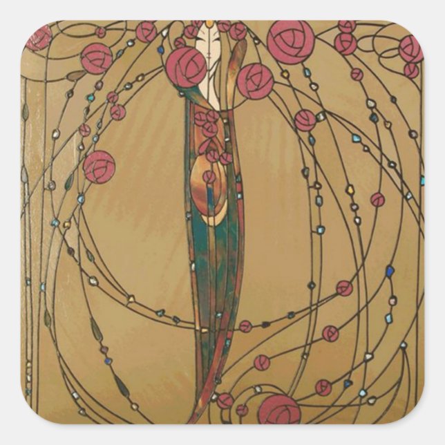 Pegatina Cuadrada Rosa de Margaret MacDonald MacKintosh (Anverso)