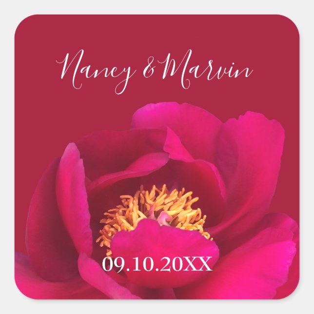 Pegatina Cuadrada Rosa de Peonía Personalizada Ruby Red 40 Aniversar (Anverso)