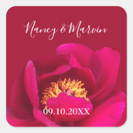 Pegatina Cuadrada Rosa de Peonía Personalizada Ruby Red 40 Aniversar