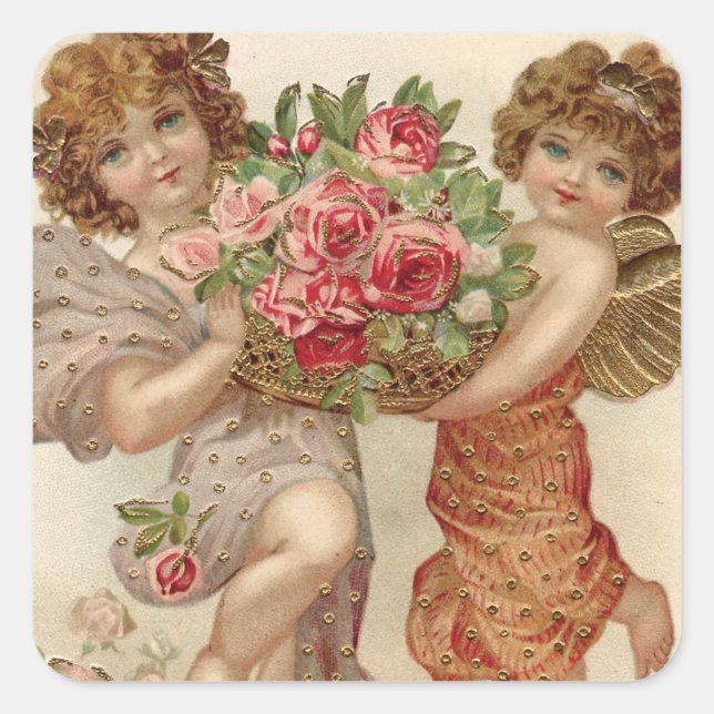 Pegatina Cuadrada Rosa de Rosas del Cupid Cherub Angel Basket (Anverso)