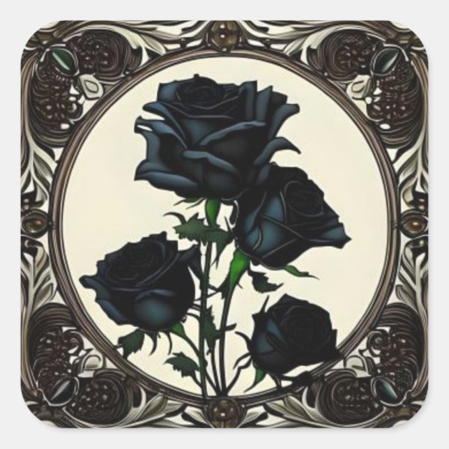 Pegatina Cuadrada Rosa de Rosas negros de Art Nouveau #1 (Anverso)
