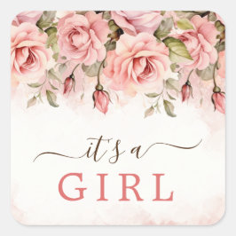 Pegatina Cuadrada Rosa de Rubor Baby Shower Es un Chica