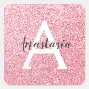 Pegatina Cuadrada Rosa Dorado Chic y Moderno Glitter Brillante Monog