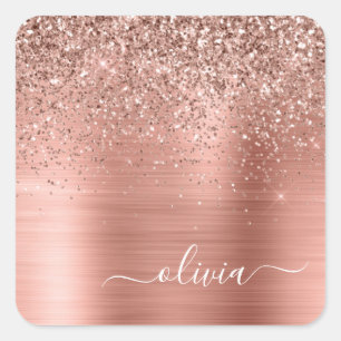 Pegatina Cuadrada Rosa Dorado Metal Brillado Glitter Monograma