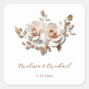 Pegatina Cuadrada Rosa Dorado Rubor Rosa 3D Rosas Tus Nombres Boda