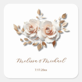 Pegatina Cuadrada Rosa Dorado Rubor Rosa 3D Rosas Tus Nombres Boda