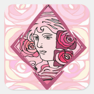 Pegatina Cuadrada Rosa elegante de Art Nouveau
