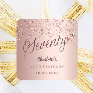 Pegatina Cuadrada Rosa estrellas de guión oro 70 cumpleaños