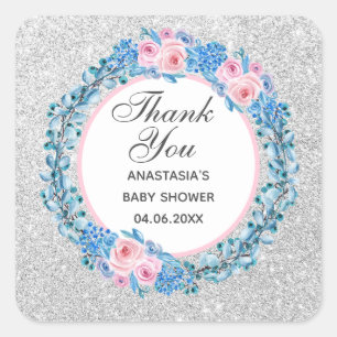 Pegatina Cuadrada Rosa floral azul rosa plateado Gracias Baby Shower