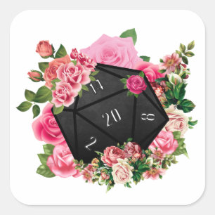 Pegatina Cuadrada Rosa floral D20 Tabletop RPG Gaming dados
