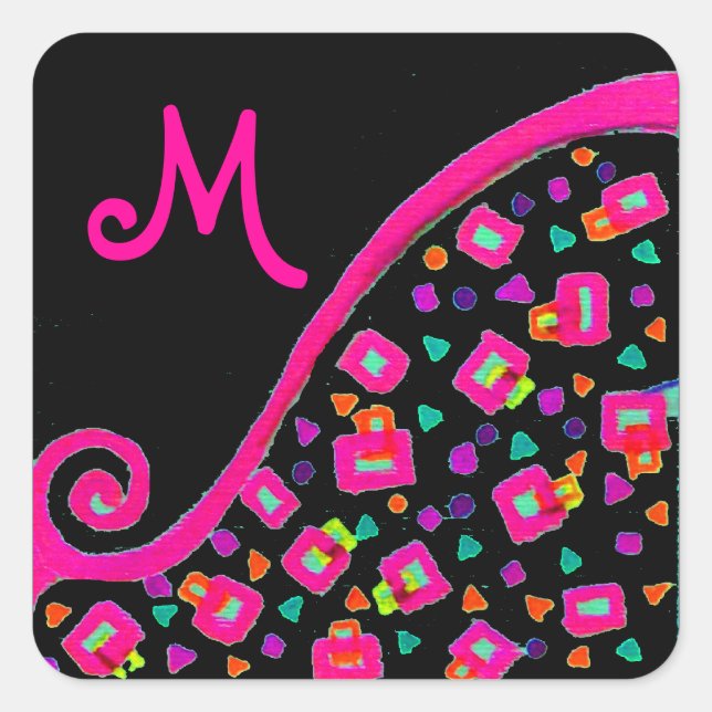 PEGATINA CUADRADA ROSA FUCHSIA BLACK ABSTRACT DECO MONOGRAM (Anverso)