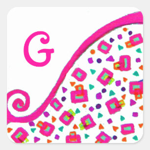 PEGATINA CUADRADA ROSA FUCHSIA BLANCA ABSTRACTA DECO MONOGRAM