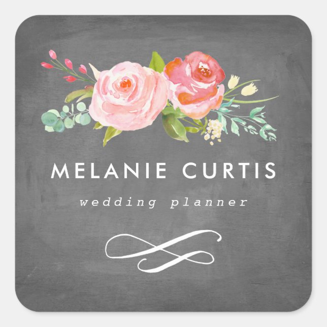 Pegatina Cuadrada Rosa Garden Floral Chalkboard Business (Anverso)