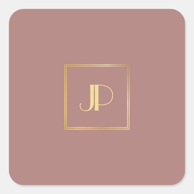 Pegatina Cuadrada Rosa Gold Modern Gold Monogram Elegant Template (Anverso)