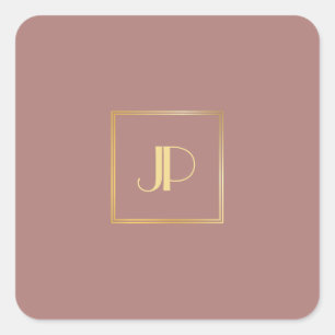 Pegatina Cuadrada Rosa Gold Modern Gold Monogram Elegant Template
