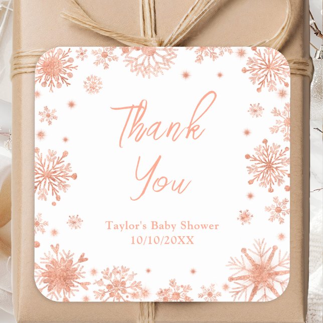 Pegatina Cuadrada Rosa Gold Snowflakes Baby Shower Gracias (Subido por el creador)