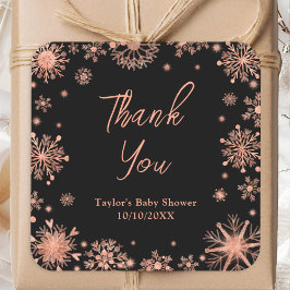 Pegatina Cuadrada Rosa Gold Snowflakes Baby Shower Gracias
