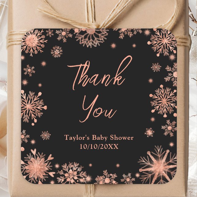 Pegatina Cuadrada Rosa Gold Snowflakes Baby Shower Gracias (Subido por el creador)