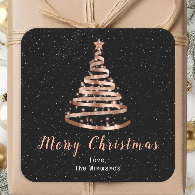 Pegatina Cuadrada Rosa Gold y Black Ribbon Tree Merry Christmas (Subido por el creador)