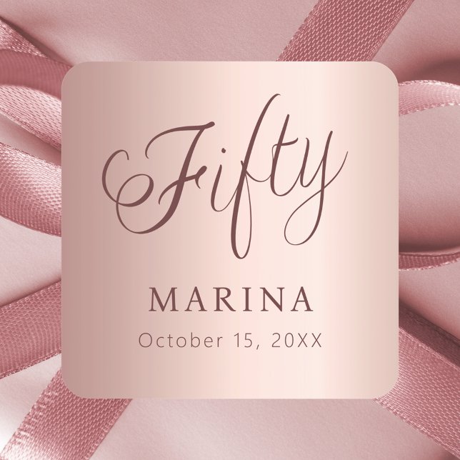 Pegatina Cuadrada Rosa guión de nombre dorado 50 cumpleaños (Subido por el creador)