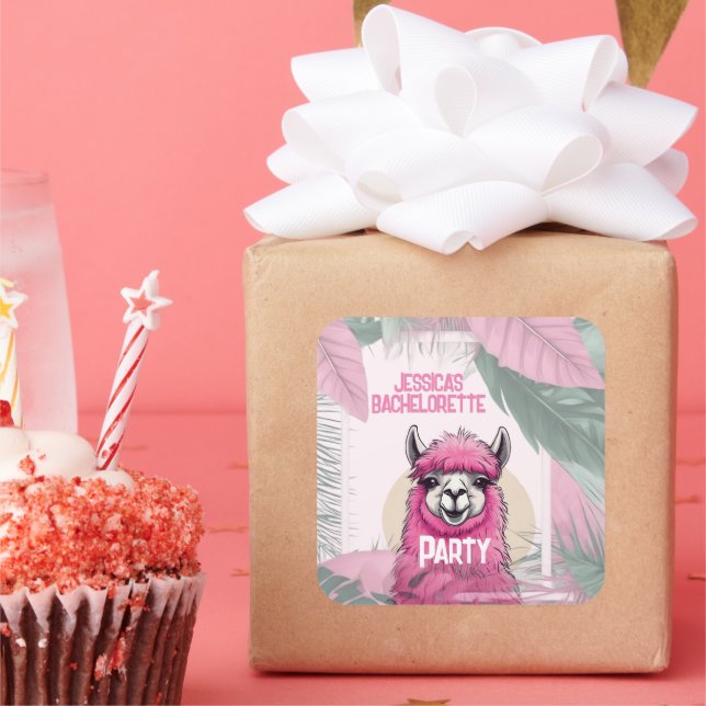 Pegatina Cuadrada Rosa Happy Sonriendo Lama Bachelorette (Fiesta)