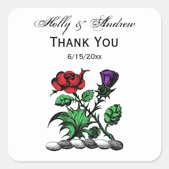 Pegatina Cuadrada Rosa heráldico y Escudo de fragmentos de pelo (Anverso)