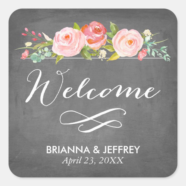 Pegatina Cuadrada Rosa Jardín Floral Boda Favor Labels Square (Anverso)