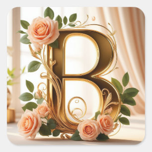 Pegatina Cuadrada 🌷 Rosa Melocotón Bodas Letra Inicial B Decoración