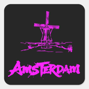Pegatina Cuadrada Rosa Neon Molino de Viento Amsterdam Boceto Modern