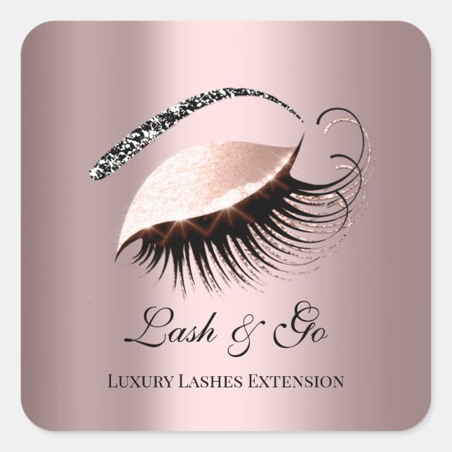 Pegatina Cuadrada Rosa Oro Diamante Makeup Artista Lash Shop (Anverso)