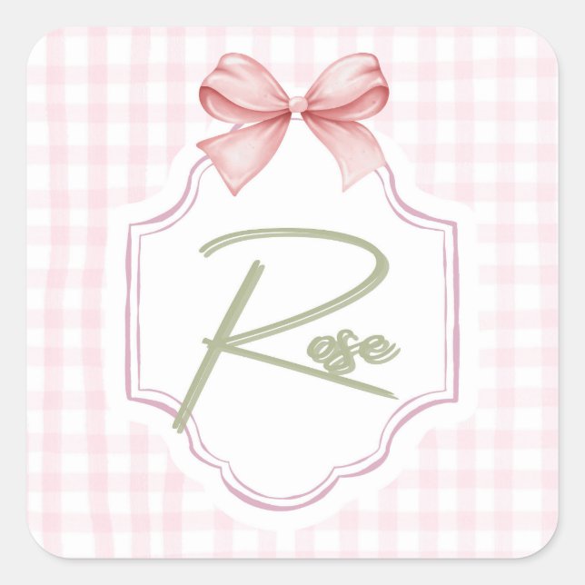 Pegatina Cuadrada Rosa personalizada Niña Nursery Bow&Gingham (Anverso)