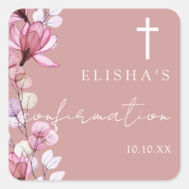 Pegatina Cuadrada Rosa Polvoriento Elegante Rosa Confirmación Floral
