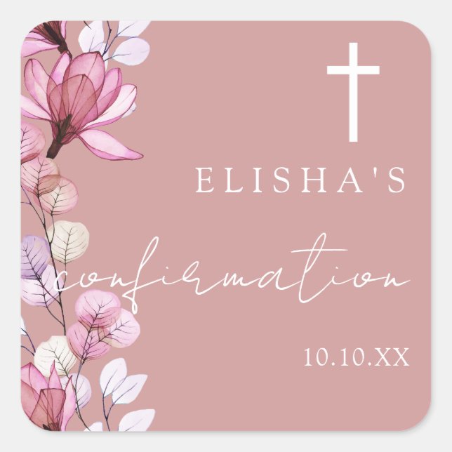 Pegatina Cuadrada Rosa Polvoriento Elegante Rosa Confirmación Floral (Anverso)