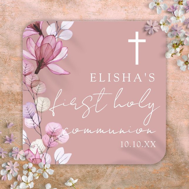 Pegatina Cuadrada Rosa Polvoriento Floral Rosa Primera Comunión Sant (Dusty Rose Pink Floral First Holy Communion Square Sticker)