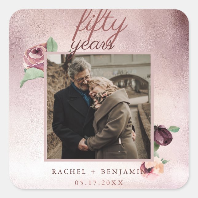 Pegatina Cuadrada Rosa Purpurina de oro 50 años Boda Aniversario Ros (Anverso)